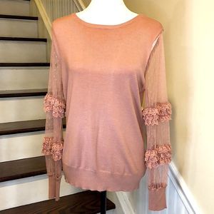 EXPRESS Dusty Rose Long Knit Sweater w Alternating Shear & Ruffle Sleeve Panels